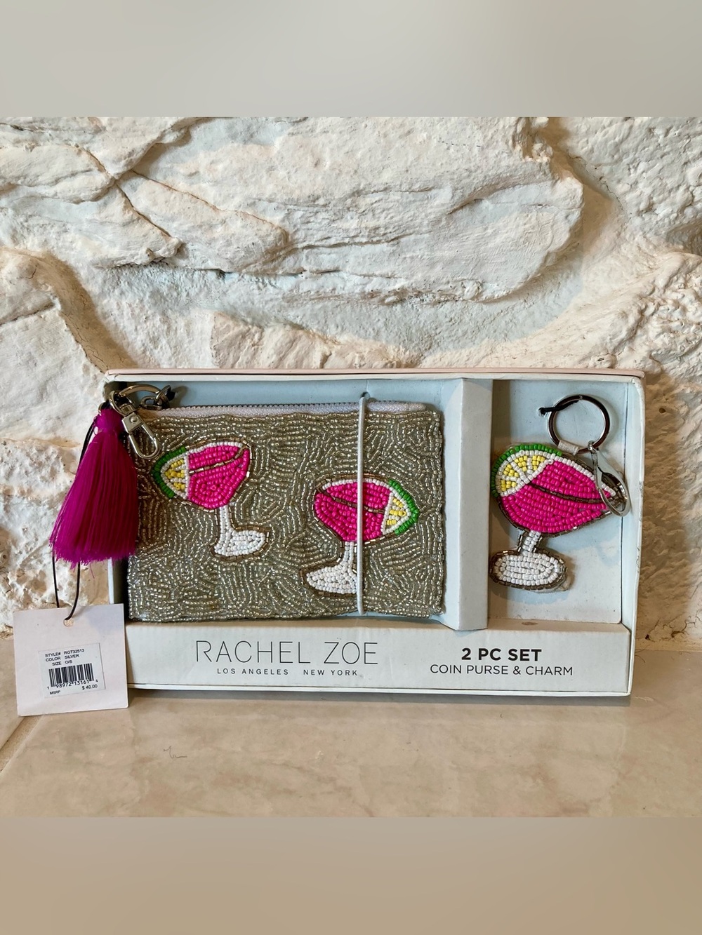 NIB Rachel Zoe beaded pink cocktail 2 piece coin purse and charm set